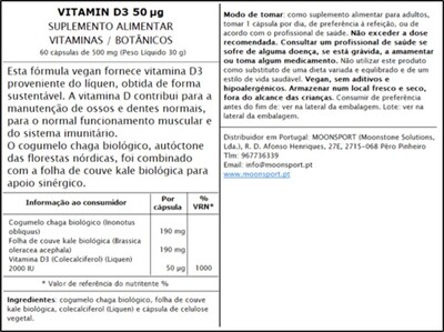 A Vitamin D3 50 ug da NORDIQ Nutrition, oriunda do líquen, fornece 2000 UI/cápsula, visando apoio imunitário. Vegan e isento de excipientes.