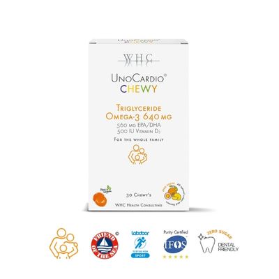 UnoCardio Chewy da WHC Labs - 640mg de Ómega 3 (560 mg EPA+DHA) + Vit D3. Certificação IFOS 5*. Crianças desde os 3. Visa o coração, visão, cérebro e ossos. Moonsport