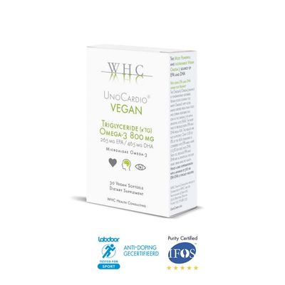 UnoCardio Vegan da WHC Labs - 800mg de Ómega 3 (730mg EPA+ DHA), rTG e oriundo de algas. Certificação IFOS 5*. Visa a saúde do coração, visão e cérebro. Moonsport