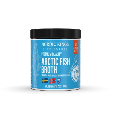 O Caldo de Peixe do Ártico da NORDIC KINGS, certificado MSC, 100% Natural. Fonte de proteína, ómegas, B12 e minerais. Visa dietas Pescovegans, Paleo & Keto. - MOONSPORT