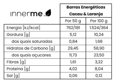 Valor Nutricional Barra Energética Cacau & Laranja INNERME - MOONSPORT