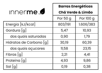 Valor Nutricional Barra Energética Chá Verde & Limão INNERME - MOONSPORT