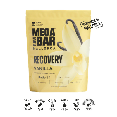 Embalagem de 1050 g do Recovery Baunilha Bio da MegaRawBar.