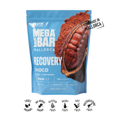 Embalagem de 1050 g do Recovery Cacau Bio da MegaRawBar.