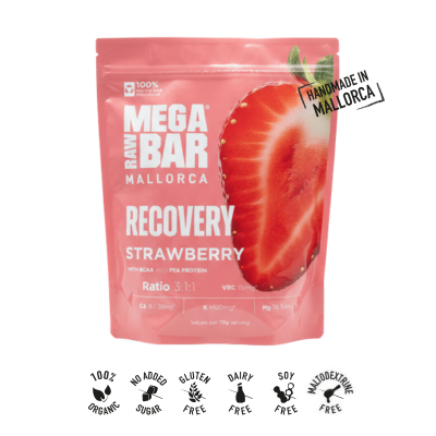 Embalagem de 1050 g do Recovery Morango Bio da MegaRawBar.