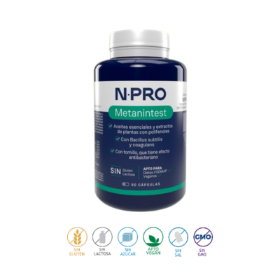 O NPRO Metanintest contém botânicos, polifenóis e probióticos esporulados para reforçar a microbiota e melhorar o trânsito intestinal. Apto para Celíacos, FODMAP e Vegan.