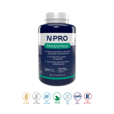 O NPRO Metanintest contém botânicos, polifenóis e probióticos esporulados para reforçar a microbiota e melhorar o trânsito intestinal. Apto para Celíacos, FODMAP e Vegan.