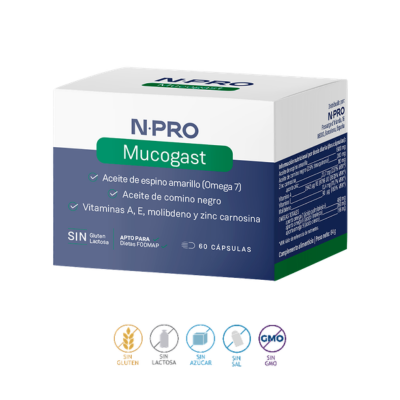 NPRO Mucogast - ingredientes que apoiam a regeneração e a desinflamação da mucosa gástrica e restantes mucosas. Sem glutamina. Apto para FODMAP e celíacos.