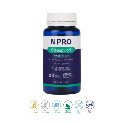 NPRO Cleanpylori - visar todos os aspectos implicados na proliferação da H. pylori e em outras disbioses gástricas. Apto para Celíacos, FODMAP e Vegan.