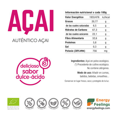 O Açaí em Pó Bio da Energy Feelings é rico em antioxidantes, fibra, aminoácidos, ácidos gordos insaturados e minerais. 100% natural e vegan. Experimenta já!