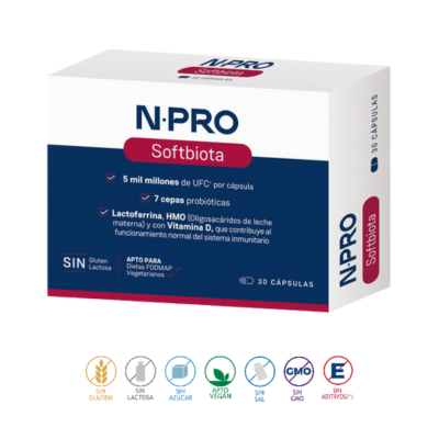 NPRO Softbiota - 7 cepas imunomoduladoras, 5 mil milhões UFC/cápsula: Lactobacillus, Bifidobacterium, D3, lactoferrina, 2-FL. Apto FODMAP e bx histamina. | Moonsport