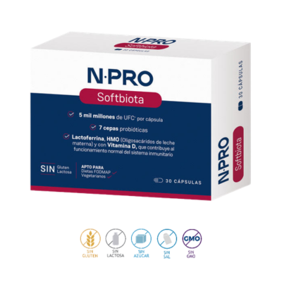NPRO Softbiota - 7 cepas imunomoduladoras, 5 mil milhões UFC/cápsula: Lactobacillus, Bifidobacterium, D3, lactoferrina, 2-FL. Apto FODMAP e bx histamina.