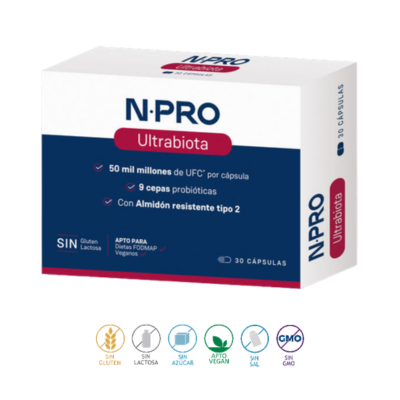 NPRO Ultrabiota - 9 cepas em alta carga Lactobacillus, Bifidobacterium. Restauro intensivo do equilíbrio da microbiota intestinal. Apto FODMAP bx histamina.
