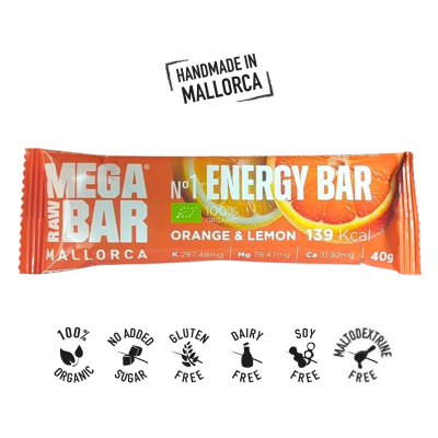 A Barra Energética Laranja & Limão MEGARAWBAR é 100% natural, bio, vegan e apta para celíacos. Ótimo equilíbrio ácido/alcalino reduz tempo de recuperação.