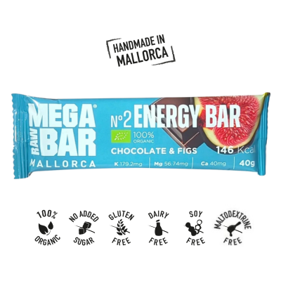A Barra Energética Chocolate & Figo MEGARAWBAR é 100% natural, bio, vegan. Apta para celíacos. Fonte de energia estável em treinos de média/longa duração.
