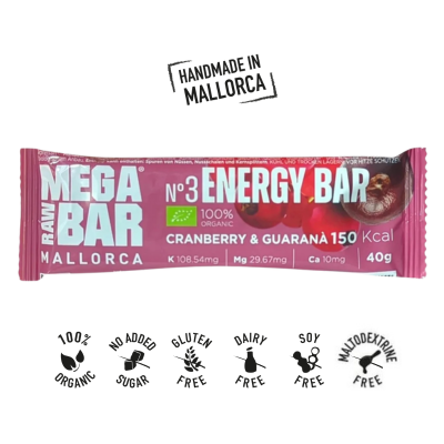 A Barra Energética Arandos & Guaraná MEGARAWBAR é 100% natural, bio, vegan e apta para celíacos. Fonte de energia estável em treinos de longa duração.