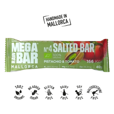 A Barra Energética Salgada Pistácio & Tomate MEGARAWBAR é 100% natural, bio, vegan e apta para celíacos. Sabor único, inovador e delicioso.