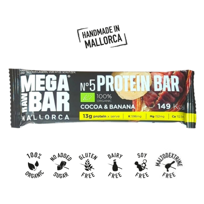 A Barra Proteica Banana & Cacau MEGARAWBAR é 100% natural, bio, vegan e apta para celíacos. Concebida para treinos ou competições superiores 4 horas.
