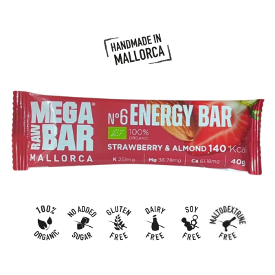 A Barra Energética Morango & Amêndoa MEGARAWBAR é 100% natural, bio, vegan. Apta para celíacos. Sabor e nutrição para treinos e competições longas/intensas.
