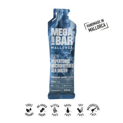 Água do Mar Hipertónica MEGARAWBAR—100% água do mar microfiltrada hipertónica. Ajuda a repor e a manter o equilíbrio eletrolítico do organismo.