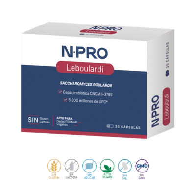 NPRO Leboulardi contém o probiótico Saccharomyces boulardii. 5 mil milhões de UFC por cápsula. Isenta de fibras. Apta em dietas FODMAP, SIBO e bx histamina. | Moonsport