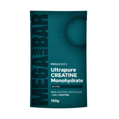 Embalagem de 150 g da Creatina Monoidratada Ultrapura Creapure da MegaRawBar.