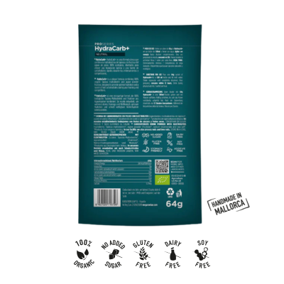 Verso da saqueta de 64 g da Bebida Energética Biológica HydraCarb+ ProSeries da MegaRawBar.