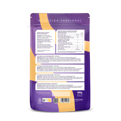 Verso da embalagem de 500 g de Proteína de Levedura Nutricional Neutra, da Energy Feelings.