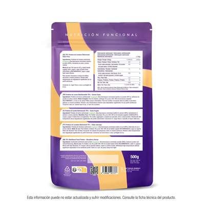 Verso da embalagem de 500 g de Proteína de Levedura Nutricional Morango, da Energy Feelings.