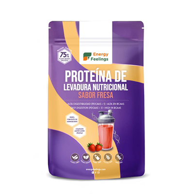 Embalagem de 500 g de Proteína de Levedura Nutricional Morango, da Energy Feelings.