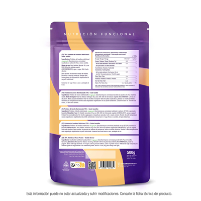 Verso da embalagem de 500 g de Proteína de Levedura Nutricional Baunilha, da Energy Feelings.