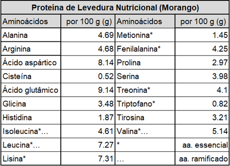 Aminograma da Proteína de Levedura Nutricional Morango, da Energy Feelings.