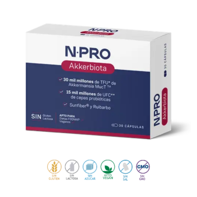Embalagem de 30 cápsulas em blister do Akkerbiota, da NPRO.