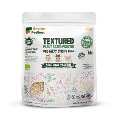 Embalagem de 400 g da Proteína Vegetal Texturizada Tiras Mini Bio da Energy Feelings.
