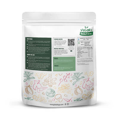 Verso da embalagem de 400 g da Proteína Vegetal Texturizada Tiras Mini Bio da Energy Feelings.