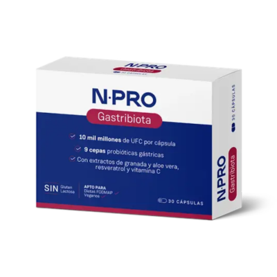 Gastribiota (30 cápsulas) - NPRO | Probiótico para H.Pylori Caixa de 30 cápsulas vegetais em blister do Gastribiota da NPRO.
