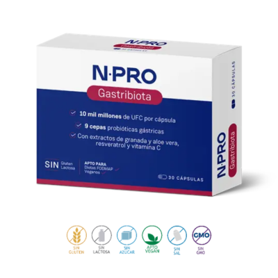 Embalagem de 30 cápsulas vegetais em blister do Gastribiota da NPRO.