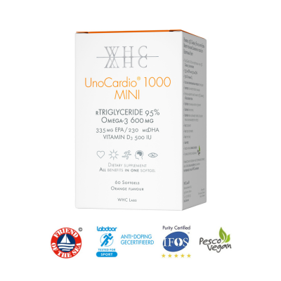 Embalagem de 60 cápsulas do UnoCardio 1000 Mini da WHC Labs.