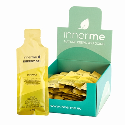 Caixa de 20 embalagens de 40 g do Gel Energético Endurance da Innerme.
